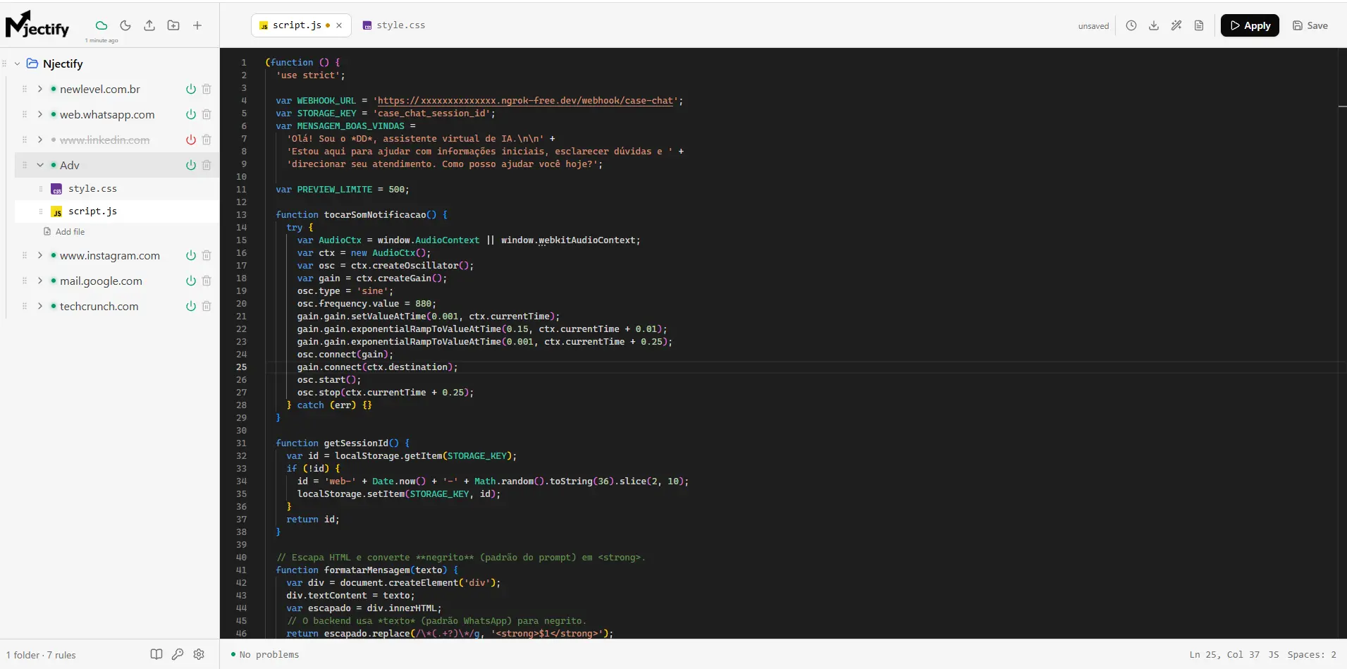 Njectify's IDE, with the Monaco editor and the per-domain rule tree on the left. The open script is a real case: I injected an AI chat into a law firm's website without touching the site's code. script.js builds the widget, keeps the session in localStorage, formats the response and talks to an external webhook, while style.css alongside it handles the looks.