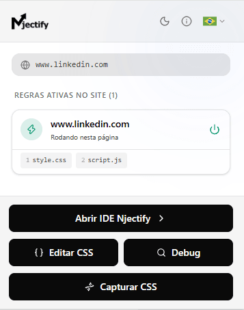 The Njectify popup open on LinkedIn: one active rule for www.linkedin.com, with style.css and script.js running on the page.