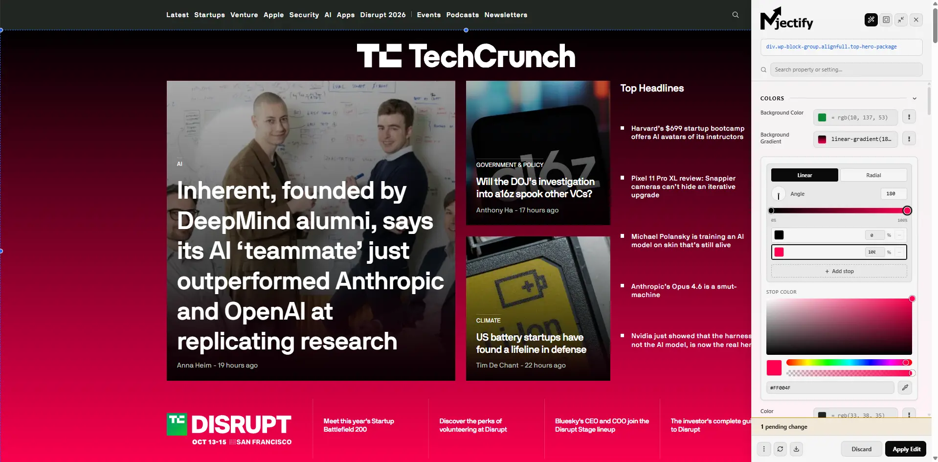 The Quick Edit panel applying a gradient to the TechCrunch homepage. I clicked the hero block, Njectify captured the selector on its own, and the colour editor opened right there: gradient type, angle, stops and the hex, all point-and-click, without a line of CSS. The preview is live, and the change only becomes permanent on that domain once you apply it.
