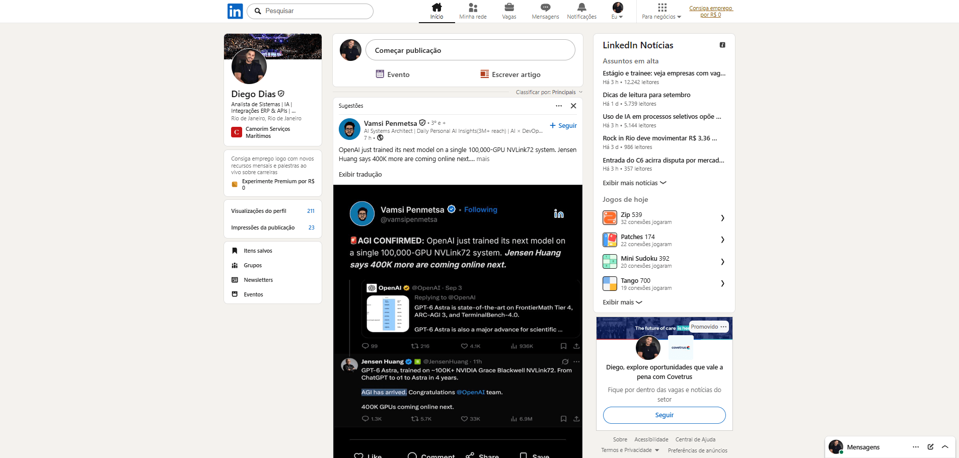 The original LinkedIn with no customization at all: LinkedIn's standard light blue navbar, a "Get hired for $0" banner taking up space at the top of the feed, post cards with straight borders and almost no shadow, and "Try Premium" visible as a menu item.
