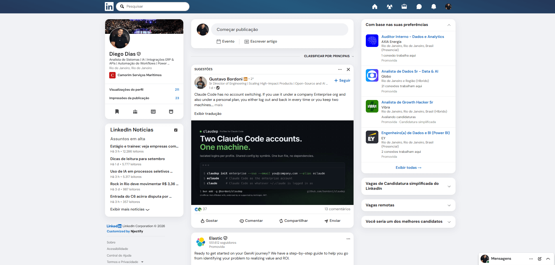 LinkedIn after customization via Njectify: a dark navbar replacing the original light blue, a new "Based on your preferences" panel inserted into the feed showing jobs pulled in real time from LinkedIn's internal API, redesigned post cards with a pronounced shadow and rounder corners, navbar icons swapped for Phosphor Icons, and a discreet "Customized by Njectify" footer.